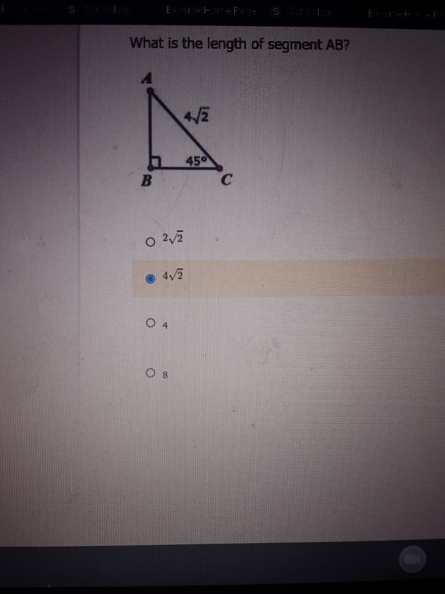 What is the length of segment AB?
4/2
45
B
O 27
4/2
O 4
O 8
