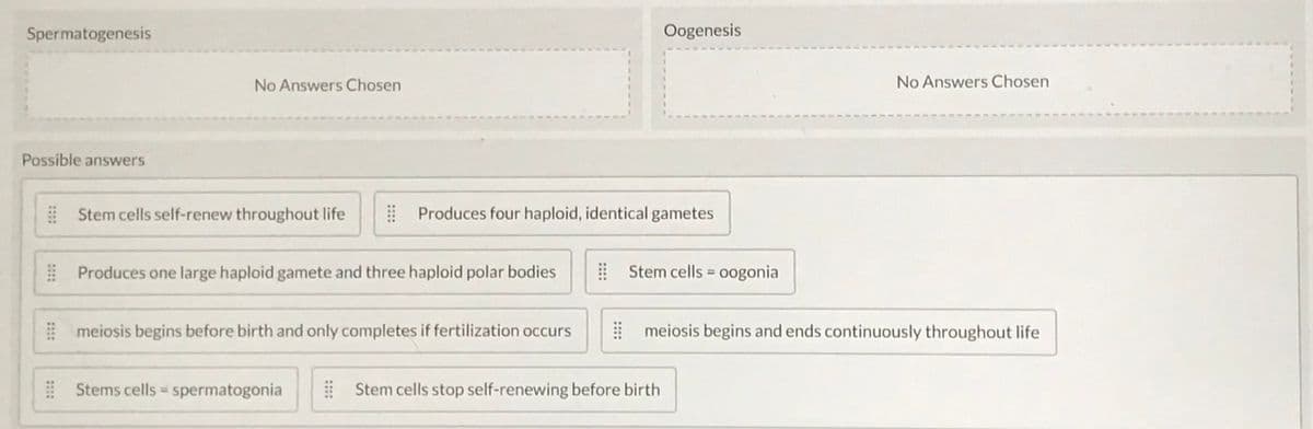 Spermatogenesis
Possible answers
No Answers Chosen
Stem cells self-renew throughout life
Produces one large haploid gamete and three haploid polar bodies
Produces four haploid, identical gametes
meiosis begins before birth and only completes if fertilization occurs
Stems cells = spermatogonia
Oogenesis
Stem cells oogonia
Stem cells stop self-renewing before birth
No Answers Chosen
meiosis begins and ends continuously throughout life