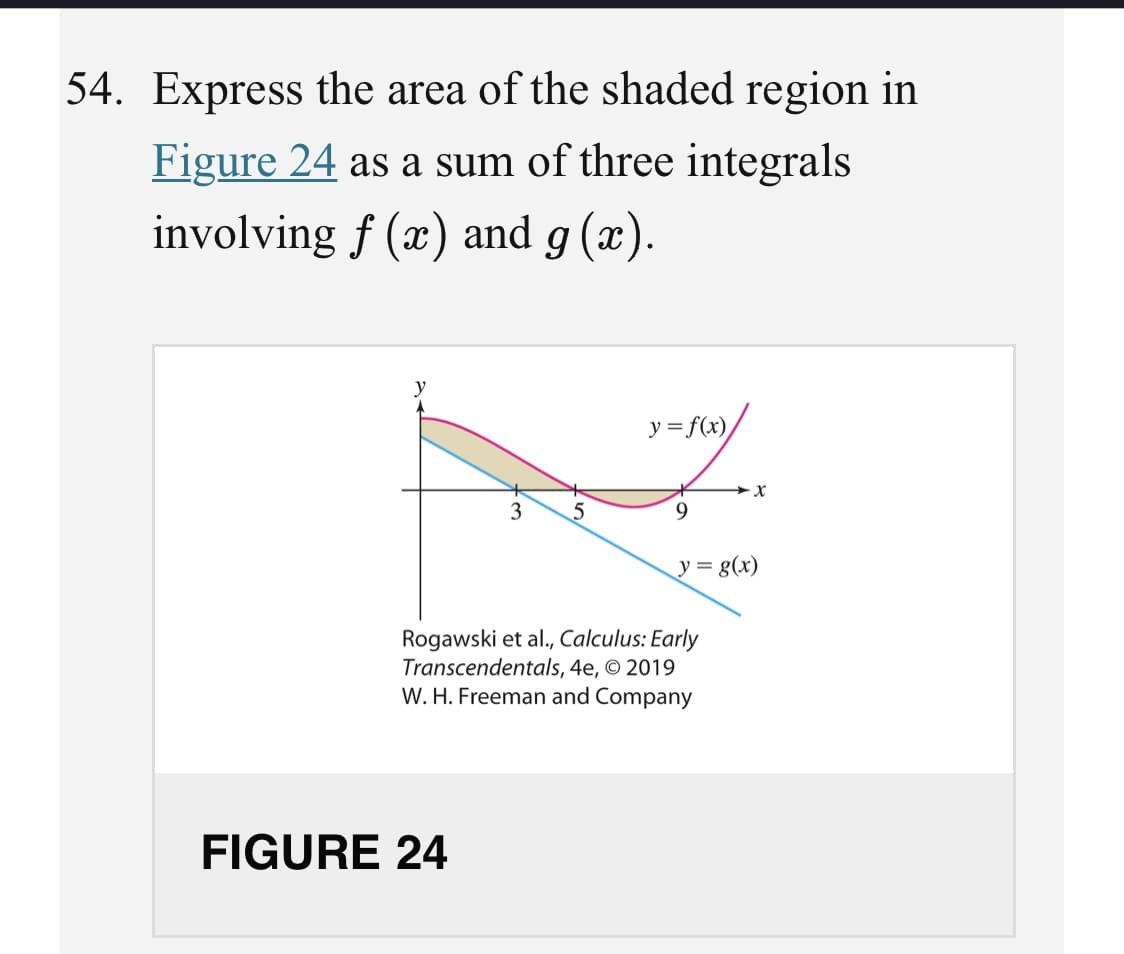 54. Express the area of the shaded region in
Figure 24 as a sum of three integrals
involving f (x) and g (x).
y = f(x),
3
9.
y = g(x)
Rogawski et al., Calculus: Early
Transcendentals, 4e, © 2019
W. H. Freeman and Company
FIGURE 24
