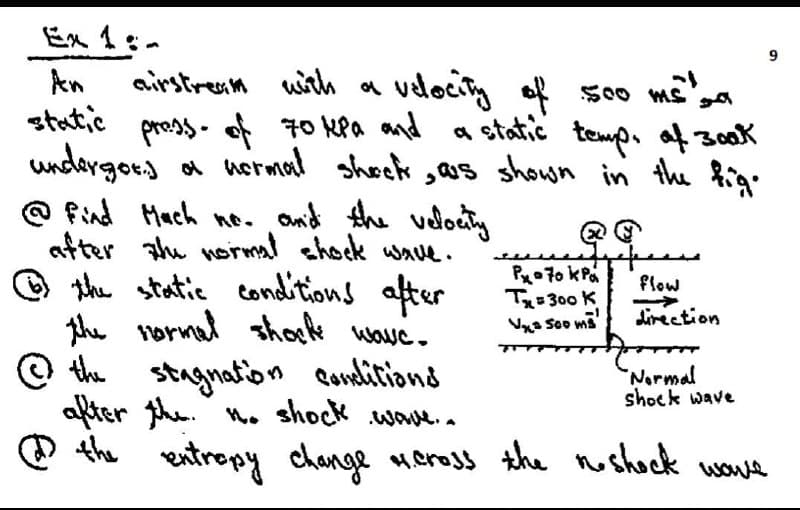 airstresm uh a
An
static
velocin of s00 ms'sa
a static temp. of 300k
pross - of
undergors oa normal shee ,aus shown in the fg
@ find Hach no. and the velocty
after tu normal chock wave.
the statie condi'tions after
the normal shok wave.
70 KPa and
Po7o kPa
T300 K
Va Soo ms
flow
->
direction
© the
stagnation conditiond
ater phe. n. shock wove..
the
Narmal
shock wave
e e entropy change cross the noshock
wove
9,
