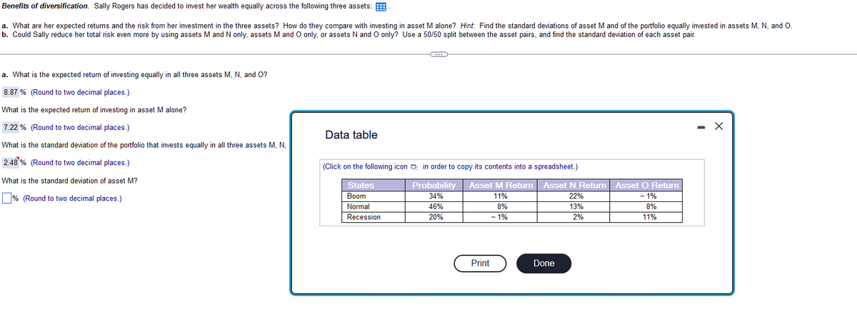 Benefits of diversification. Sally Rogers has decided to invest her wealth equally across the following three assets:
a. What are her expected returns and the risk from her investment in the three assets? How do they compare with investing in asset M alone? Hint. Find the standard deviations of asset M and of the portfolio equally invested in assets M, N, and O.
b. Could Sally reduce her total risk even more by using assets M and N only, assets M and O only, or assets N and O only? Use a 50/50 split between the asset pairs, and find the standard deviation of each asset pair.
a. What is the expected return of investing equally in all three assets M, N, and O?
8.87% (Round to two decimal places.)
What is the expected return of investing in asset M alone?
7.22 % (Round to two decimal places.)
What is the standard deviation of the portfolio that invests equally in all three assets M, N,
2.48% (Round to two decimal places.)
What is the standard deviation of asset M?
% (Round to two decimal places.)
Data table
C
(Click on the following icon in order to copy its contents into a spreadsheet.)
States
Boom
Probability
34%
Normal
46%
Recession
20%
Asset M Return Asset N Return Asset O Return
11%
8%
22%
- 1%
13%
8%
- 1%
2%
11%
Print
Done
X