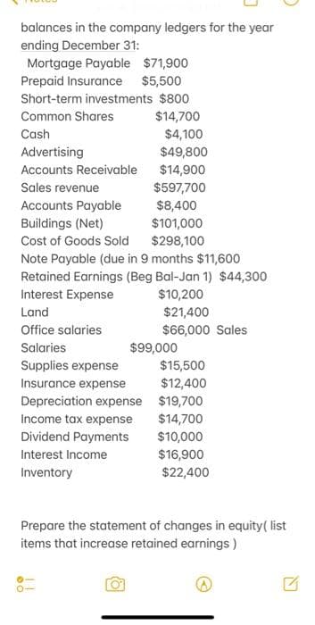 balances in the company ledgers for the year
ending December 31:
Mortgage Payable $71,900
Prepaid Insurance $5,500
Short-term investments $800
Common Shares
$14,700
Cash
$4,100
$49,800
$14,900
Advertising
Accounts Receivable
Sales revenue
$597,700
Accounts Payable
$8,400
Buildings (Net)
$101,000
Cost of Goods Sold
$298,100
Note Payable (due in 9 months $11,600
Retained Earnings (Beg Bal-Jan 1) $44,300
Interest Expense
$10,200
Land
Office salaries
Salaries
Supplies expense
Insurance expense
Depreciation expense
Income tax expense
Dividend Payments
Interest Income
Inventory
$21,400
$66,000 Sales
$99,000
$15,500
$12,400
$19,700
$14,700
$10,000
$16,900
$22,400
Prepare the statement of changes in equity ( list
items that increase retained earnings)