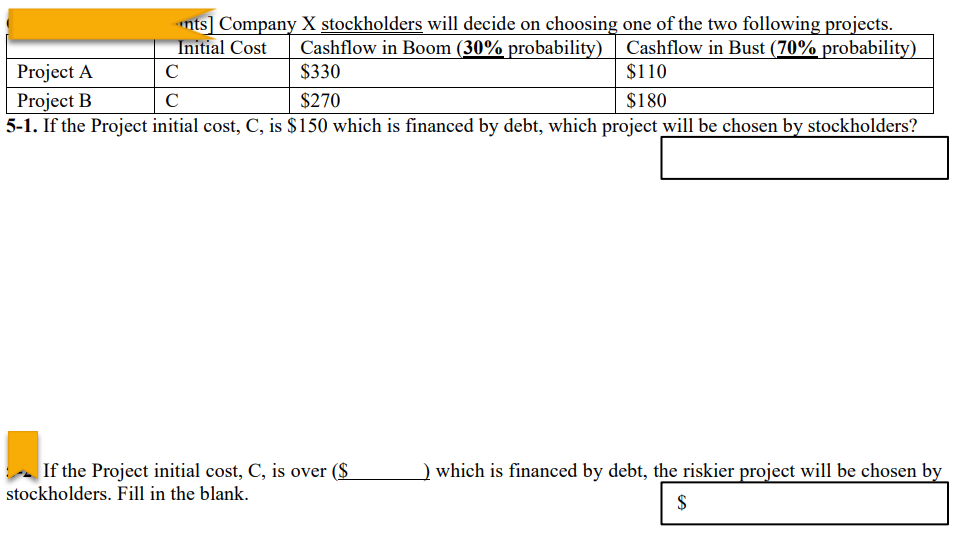 Initial Cost
nts] Company X stockholders will decide on choosing one of the two following projects.
Cashflow in Boom (30% probability) Cashflow in Bust (70% probability)
$330
Project A
C
$110
Project B
C
$270
$180
5-1. If the Project initial cost, C, is $150 which is financed by debt, which project will be chosen by stockholders?
If the Project initial cost, C, is over ($
stockholders. Fill in the blank.
which is financed by debt, the riskier project will be chosen by
$