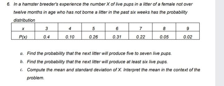 6. In a hamster breeder's experience the number X of live pups in a litter of a female not over
twelve months in age who has not borne a litter in the past six weeks has the probability
distribution
4
7
8
9
P(x)
0.4
0.10
0.26
0.31
0.22
0.05
0.02
a. Find the probability that the next litter will produce five to seven live pups.
b. Find the probability that the next litter will produce at least six live pups.
c. Compute the mean and standard deviation of X. Interpret the mean in the context of the
problem.
