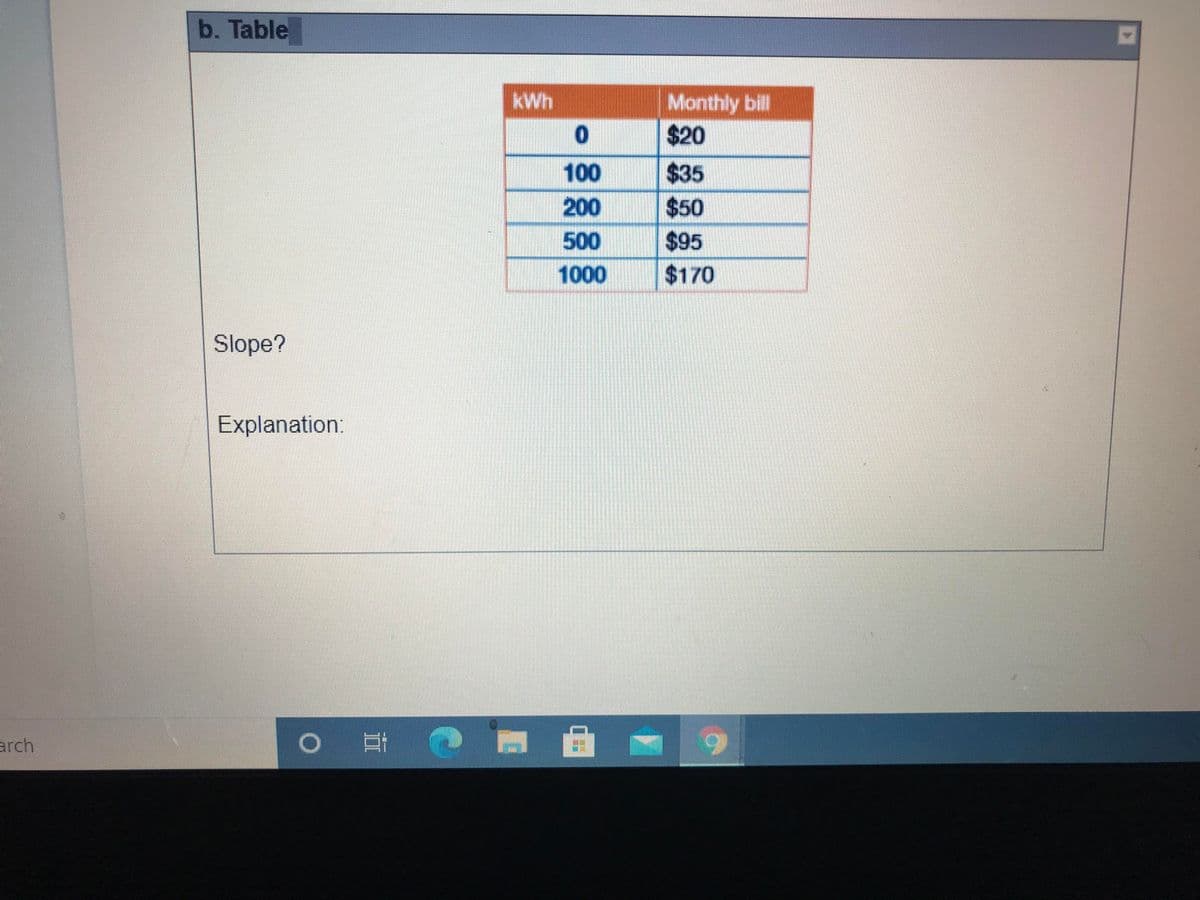 b. Table
KWh
Monthly bll
$20
100
$35
200
$50
500
$95
1000
$170
Slope?
Explanation:
arch
