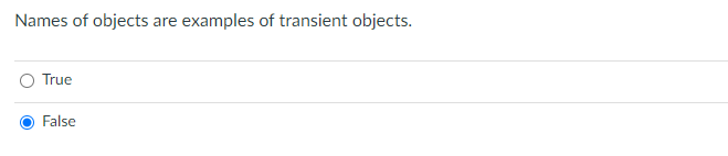 Names of objects are examples of transient objects.
True
False
