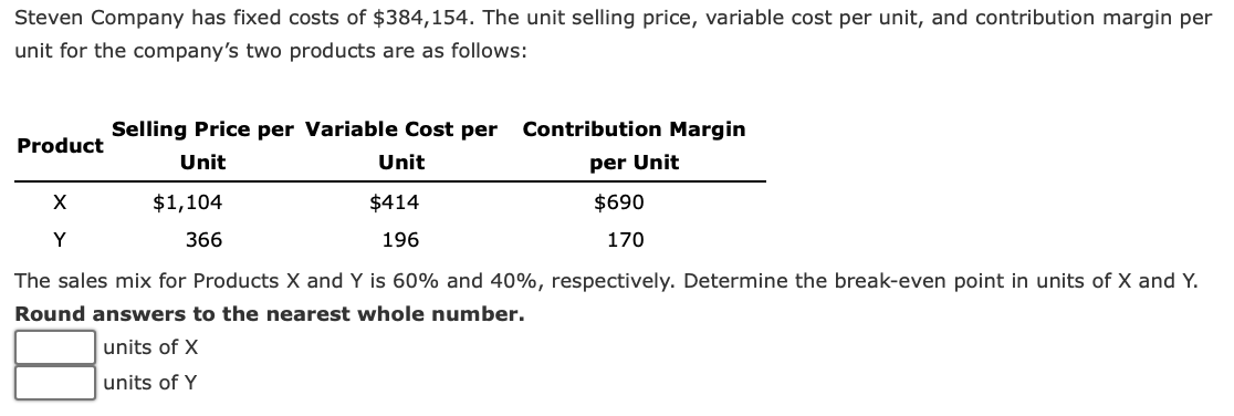 Steven Company has fixed costs of $384,154. The unit selling price, variable cost per unit, and contribution margin per
unit for the company's two products are as follows:
Product
X
Y
Selling Price per Variable Cost per
Unit
Unit
$414
196
$1,104
366
Contribution Margin
per Unit
$690
170
The sales mix for Products X and Y is 60% and 40%, respectively. Determine the break-even point in units of X and Y.
Round answers to the nearest whole number.
units of X
units of Y