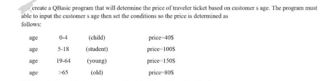 create a QBasic program that will determine the price of traveler ticket based on customer s age. The program must
able to input the customer s age then set the conditions so the price is determined as
follows:
age
0-4
(child)
price 40$
age
5-18
(student)
price=100$
age
19-64
(young)
price=150S
age
>65
(old)
price-80$