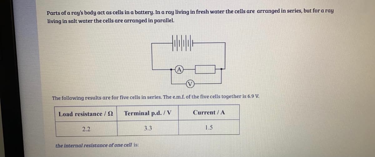 Parts of a ray's body act as cells in a battery. In a ray living in fresh water the cells are arranged in series, but for a ray
living in salt water the cells are arranged in parallel.
The following results are for five cells in series. The e.m.f. of the five cells together is 6.9 V.
Load resistance / 2
Terminal p.d. / V
Current / A
2.2
3.3
1.5
the internal resistance of one cell is:
