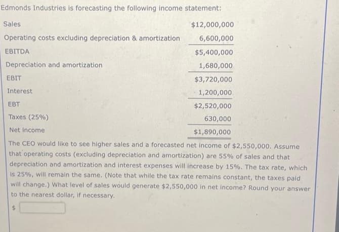 Edmonds Industries is forecasting the following income statement:
Sales
Operating costs excluding depreciation & amortization
EBITDA
$12,000,000
6,600,000
$5,400,000
1,680,000
EBIT
$3,720,000
Interest
1,200,000.
EBT
$2,520,000
Taxes (25%)
630,000
Net income
$1,890,000
The CEO would like to see higher sales and a forecasted net income of $2,550,000. Assume
that operating costs (excluding depreciation and amortization) are 55% of sales and that
depreciation and amortization and interest expenses will increase by 15%. The tax rate, which
is 25%, will remain the same. (Note that while the tax rate remains constant, the taxes paid
will change.) What level of sales would generate $2,550,000 in net income? Round your answer
to the nearest dollar, if necessary.
Depreciation and amortization