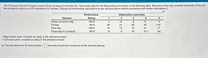 The Dubuque Cement Company packs 80-pound bags of concrete mix. Time-study data for the filling activity are shown in the following table. Because of the high physical demands of the job,
the company's policy is a 25% allowance for workers (Round all intermediate calculations to two decimal places before proceeding with further calculations.)
Observation (seconds)
2
Element
Grasp and place bag
Fill bag
Seal bag
Place bag on conveyor
.
Performance
Rating
105%
90%
105%
85%
"Bag breaks open; included as delay in the allowance factor
*Conveyor jams; included as delay in the allowance factor
a) The standard time for this process seconds (round your response to two decimal places)
1
7
36
15
8
10
41
17
5
3
9
38
13
10
4
11
35
21
31^
5
6
110
17
34^