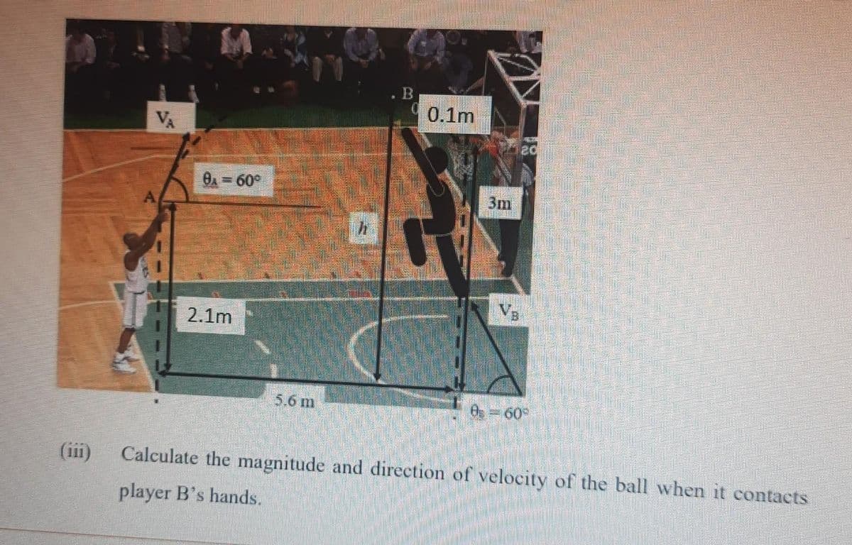 VA
8A = 60°
2.1m
5.6 m
B
0.1m
3m
Samona
120
8 = 60°
Calculate the magnitude and direction of velocity of the ball when it contacts
player B's hands.