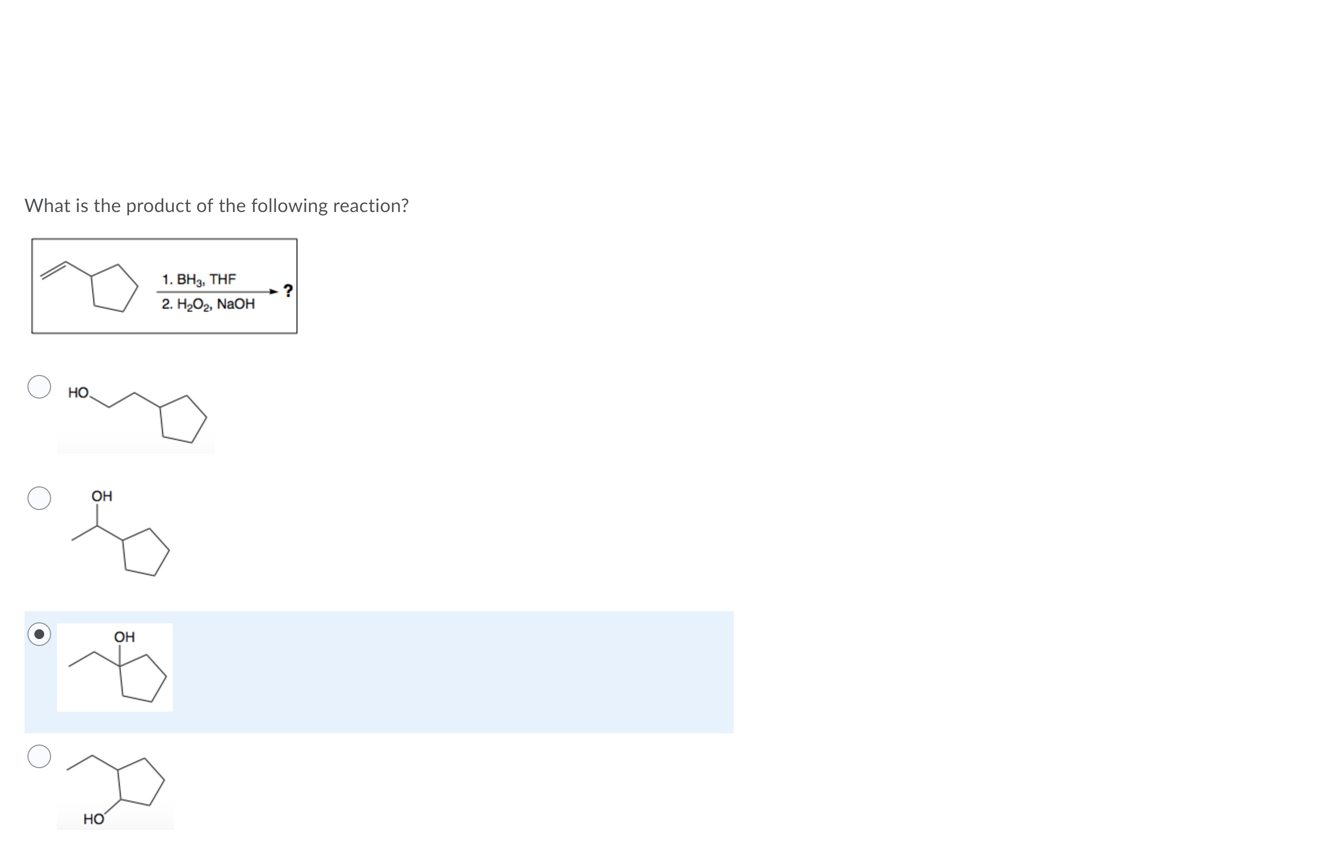 What is the product of the following reaction?
1. ВНз, THF
2. H2O2, NaOH
Но.
Он
ОН
Но
