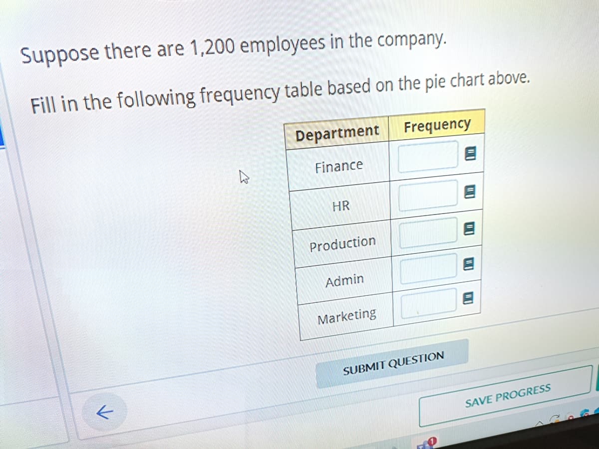 Suppose there are 1,200 employees in the company.
Fill in the
✓
following frequency table based on the pie chart above.
Department
Finance
HR
Production
Admin
Marketing
Frequency
SUBMIT QUESTION
WOO
DO
WI
SAVE PROGRESS