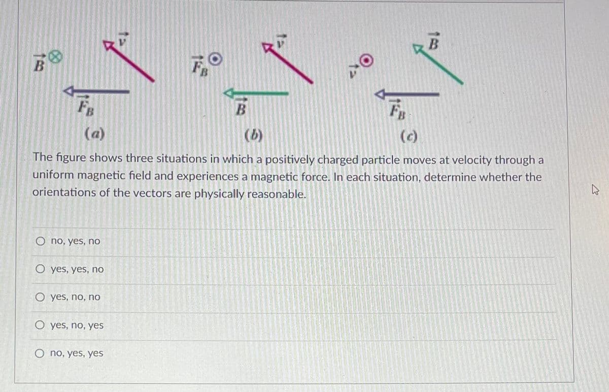 B
FR
O no, yes, no
(a)
(6)
(c)
The figure shows three situations in which a positively charged particle moves at velocity through a
uniform magnetic field and experiences a magnetic force. In each situation, determine whether the
orientations of the vectors are physically reasonable.
O yes, yes, no
O yes, no, no
O yes, no, yes
B
O no, yes, yes
FB
D