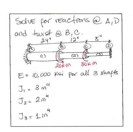 reactions @ A,D
Solve
for
and twist @ B, C.
24"
12"
(2)
20k.m
30k-in
E = 10,000 Ksi for all 3 shafts
J₁ = 3 m 4
4
J₂ = 2in²
Jz=
J3 = 1 in