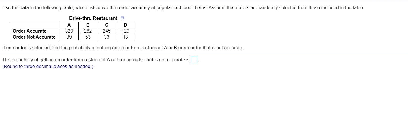 Use the data in the following table, which lists drive-thru order accuracy at popular fast food chains. Assume that orders are randomly selected from those included in the table.
Drive-thru Restaurant a
A
B
D
Order Accurate
323
262
245
129
Order Not Accurate
39
53
33
13
If one order is selected, find the probability of getting an order from restaurant A or B or an order that is not accurate.
The probability of getting an order from restaurant A or B or an order that is not accurate is
(Round to three decimal places as needed.)
