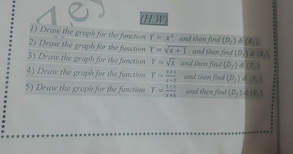 10
(H.W)
1) Draw the graph for the function Y = x3 and then find (Df) & (R).
2) Draw the graph for the function Y = Vx +1 and then find (D)& (R).
3) Draw the graph for the function Y = Vx and then find (D) & (R).
4) Draw the graph for the function Y =
x+1
and then find (D;)& (R).
X-2
5) Draw the graph for the function Y =
1-x
%3D
and then find (D) & (R;).
x+6
