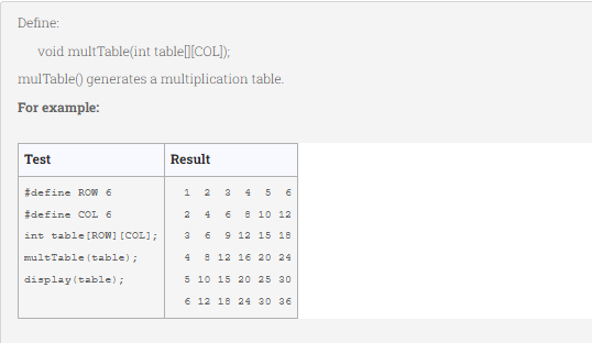 Define:
void multTable(int table[][COL]);
mulTable() generates a multiplication table.
For example:
Test
#define ROWM 6
#define COL 6
int table [ROW] [COL];
multTable (table);
display (table);
Result
1
2 3 4 5 6
2 4 6 8 10 12
3 6
9 12 15 18
4 8 12 16 20 24
5 10 15 20 25 30
6 12 18 24 30 36