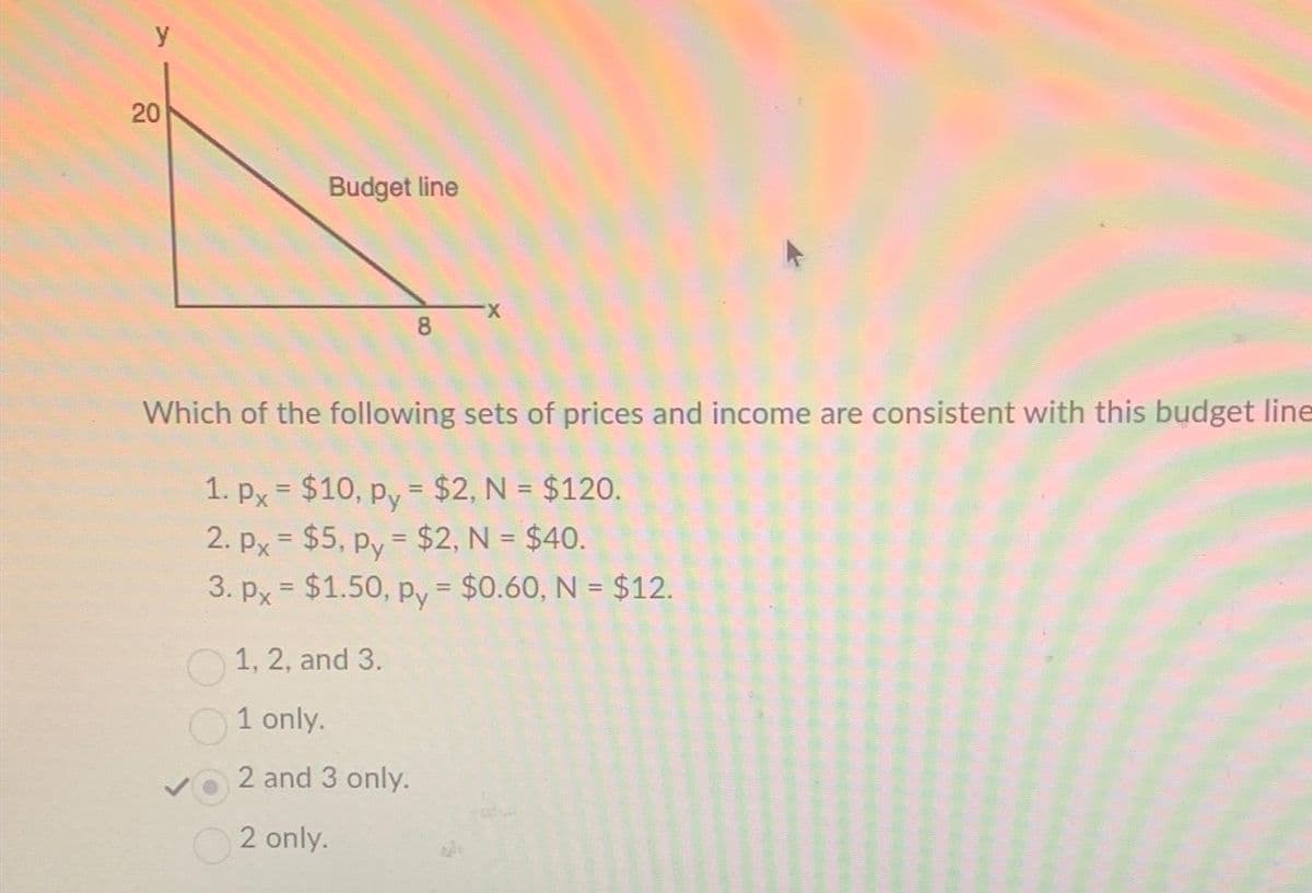 y
20
Budget line
X
Which of the following sets of prices and income are consistent with this budget line
1. px = $10, py= $2, N = $120.
2. px = $5, py= $2, N = $40.
3. px = $1.50, py = $0.60, N = $12.
1, 2, and 3.
1 only.
2 and 3 only.
2 only.