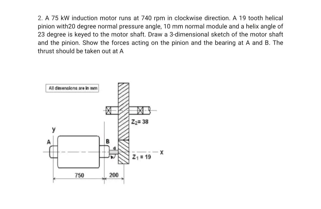 2. A 75 kW induction motor runs at 740 rpm in clockwise direction. A 19 tooth helical
pinion with20 degree normal pressure angle, 10 mm normal module and a helix angle of
23 degree is keyed to the motor shaft. Draw a 3-dimensional sketch of the motor shaft
and the pinion. Show the forces acting on the pinion and the bearing at A and B. The
thrust should be taken out at A
All dimensions are in mm
y
750
B
200
Z2=38
Z₁ = 19
X