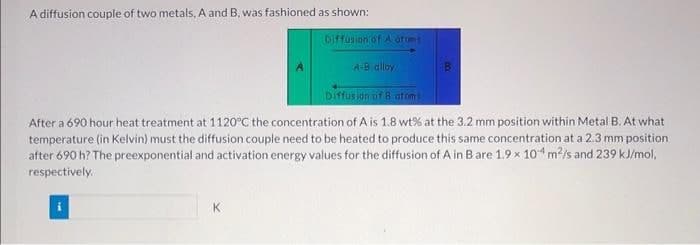 A diffusion couple of two metals, A and B, was fashioned as shown:
Diffusion of A atoms
A-B alloy
B
Diffusion of B atoms
After a 690 hour heat treatment at 1120°C the concentration of A is 1.8 wt% at the 3.2 mm position within Metal B. At what
temperature (in Kelvin) must the diffusion couple need to be heated to produce this same concentration at a 2.3 mm position
after 690 h? The preexponential and activation energy values for the diffusion of A in B are 1.9 x 104 m²/s and 239 kJ/mol,
respectively.