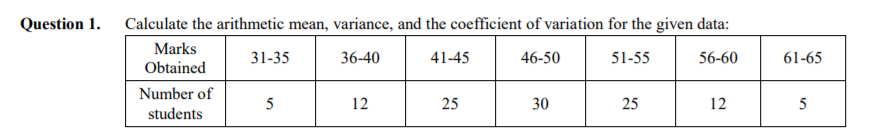 Question 1. Calculate the arithmetic mean, variance, and the coefficient of variation for the given data:
Marks
31-35
36-40
41-45
46-50
51-55
56-60
61-65
Obtained
Number of
5
12
25
30
25
12
5
students
