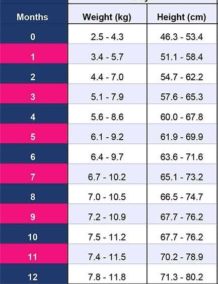 Months
Weight (kg)
Height (cm)
2.5 - 4.3
46.3 - 53.4
3.4 - 5.7
51.1 - 58.4
2
4.4 - 7.0
54.7 - 62.2
5.1 - 7.9
57.6 - 65.3
5.6 - 8.6
60.0 - 67.8
6.1 - 9.2
61.9 - 69.9
6
6.4 - 9.7
63.6 - 71.6
7
6.7 - 10.2
65.1 73.2
7.0 - 10.5
66.5 - 74.7
7.2 - 10.9
67.7 - 76.2
10
7.5 - 11.2
67.7 - 76.2
11
7.4 - 11.5
70.2 - 78.9
12
7.8 - 11.8
71.3 - 80.2
CO
