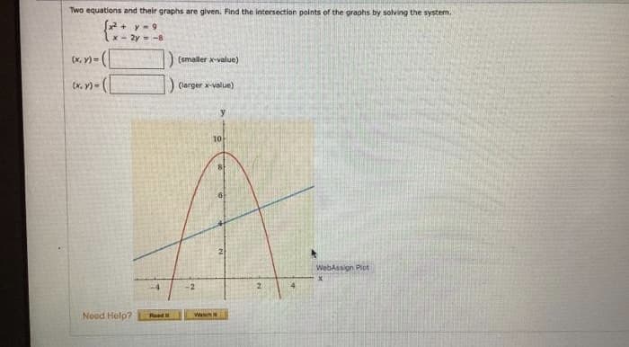 Two equations and their graphs are given. Find the intersection points of the graphs by solving the system.
9
2y = -8
(x,y)-(
xn-(
Need Help?
Road
(smaller x-value)
(larger x-value)
y
10
Wachs
81
WebAssign Plot