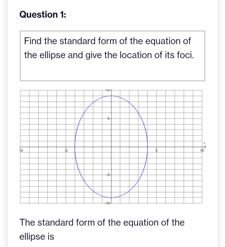 Question 1:
10
Find the standard form of the equation of
the ellipse and give the location of its foci.
-5
tot
5
-5
The standard form of the equation of the
ellipse is