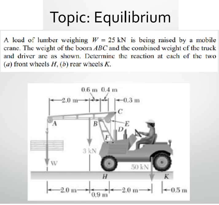 Topic: Equilibrium
A load of lumber weighing W = 25 kN is being raised by a mobile
crane. The weight of the boom ABC and the combined weight of the truck
and driver are as shown. Determine the reaction at each of the two
(a) front wheels H, (b) rear wheels K.
0.6 m 0.4 m
-2.0 m-
0.3 m
B
D
3 kN
W
50 kN
K
-2.0 m-
-2.0 m-
-0.5 m
0.9 m
