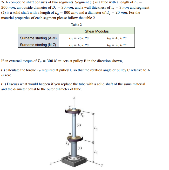 2- A compound shaft consists of two segments. Segment (1) is a tube with a length of L₁ =
500 mm, an outside diameter of D₁ = 30 mm, and a wall thickness of t₁ = 3 mm and segment
(2) is a solid shaft with a length of L₂ = 800 mm and a diameter of d₂ = 20 mm. For the
material properties of each segment please follow the table 2
Table 2
Surname starting (A-M)
Surname starting (N-Z)
G₁ = 26 GPa
G₁ = 45 GPa
N
If an external torque of TB = 300 N. m acts at pulley B in the direction shown,
(i) calculate the torque Tc required at pulley C so that the rotation angle of pulley C relative to A
is zero.
Shear Modulus
(ii) Discuss what would happen if you replace the tube with a solid shaft of the same material
and the diameter equal to the outer diameter of tube.
Tc
(2)
(1)
G₂ = 45 GPa
G₂ = 26 GPa
L₂
4₁