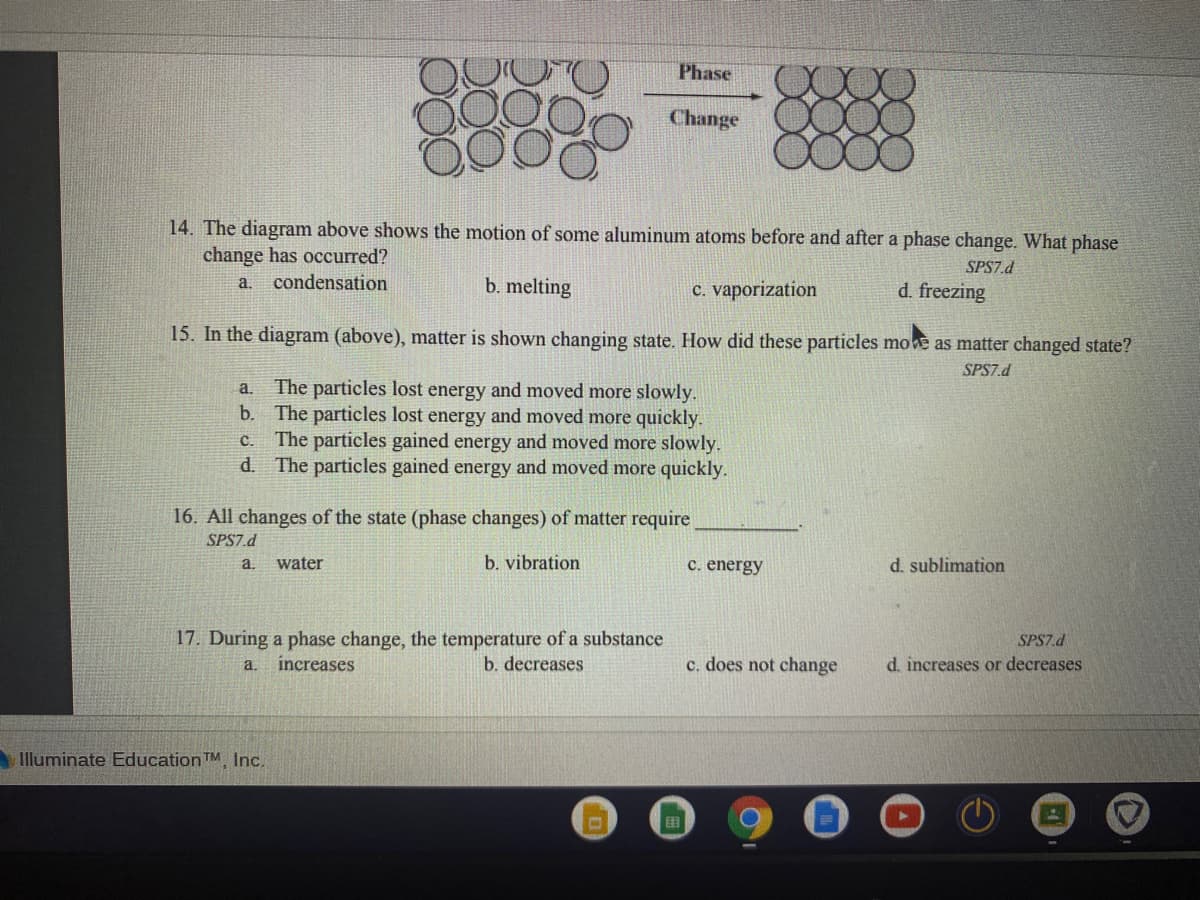 Phase
Change
14. The diagram above shows the motion of some aluminum atoms before and after a phase change. What phase
change has occurred?
SPS7.d
condensation
b. melting
a.
c. vaporization
d. freezing
15. In the diagram (above), matter is shown changing state. How did these particles moe as matter changed state?
SPS7.d
The particles lost energy and moved more slowly.
b. The particles lost energy and moved more quickly.
The particles gained energy and moved more slowly.
d. The particles gained energy and moved more quickly.
a.
с.
16. All changes of the state (phase changes) of matter require
SPS7.d
b. vibration
c. energy
a.
water
d. sublimation
17. During a phase change, the temperature of a substance
SPS7.d
increases
b. decreases
c. does not change
d. increases or decreases
a.
Illuminate Education TM, Inc.
