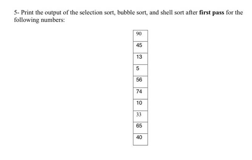 5- Print the output of the selection sort, bubble sort, and shell sort after first pass for the
following numbers:
90
45
13
5
56
74
10
33
65
40