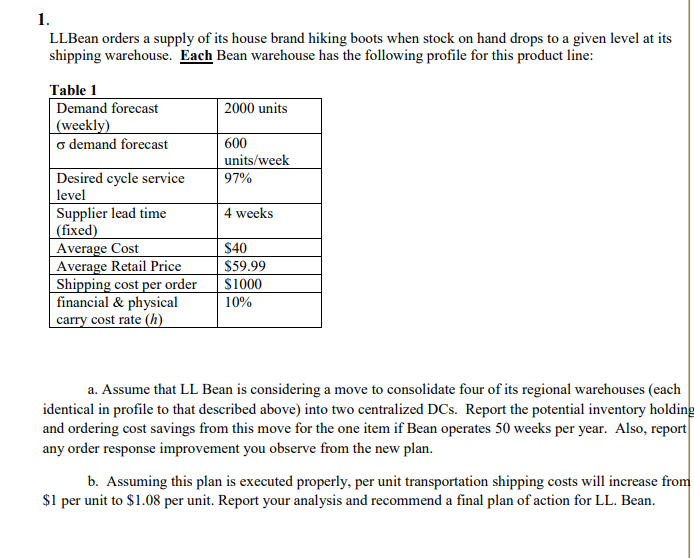 1.
LLBean orders a supply of its house brand hiking boots when stock on hand drops to a given level at its
shipping warehouse. Each Bean warehouse has the following profile for this product line:
Table 1
Demand forecast
| (weekly)
o demand forecast
2000 units
600
units/week
97%
Desired cycle service
level
Supplier lead time
| (fixed)
Average Cost
Average Retail Price
Shipping cost per order
financial & physical
carry cost rate (h)
4 weeks
$40
$59.99
$1000
10%
a. Assume that LL Bean is considering a move to consolidate four of its regional warehouses (each
identical in profile to that described above) into two centralized DCs. Report the potential inventory holding
and ordering cost savings from this move for the one item if Bean operates 50 weeks per year. Also, report
any order response improvement you observe from the new plan.
b. Assuming this plan is executed properly, per unit transportation shipping costs will increase from
$1 per unit to $1.08 per unit. Report your analysis and recommend a final plan of action for LL. Bean.
