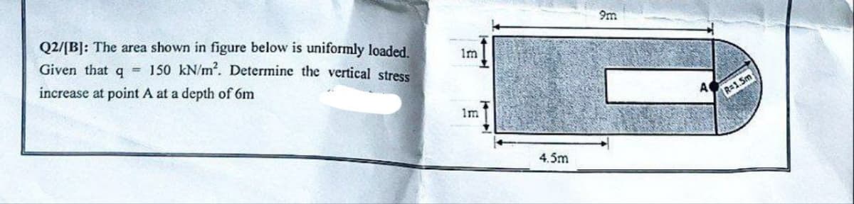 Q2/[B] : The area shown in figure below is uniformly loaded. 1m
Given that = 150 kN/m2. Determine the vertical stress
q
increase at point A at a depth of 6m
1m
4.5m
9m
R=1.5m
0