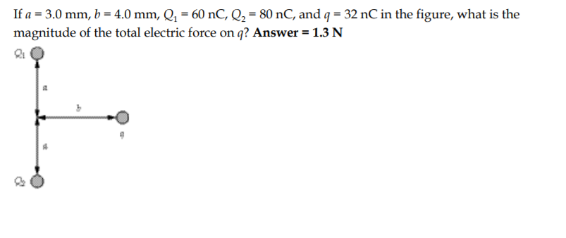 If a = 3.0 mm, b = 4.0 mm, Q, = 60 nC, Q̟ = 80 nC, and q = 32 nC in the figure, what is the
magnitude of the total electric force on q? Answer = 1.3 N
