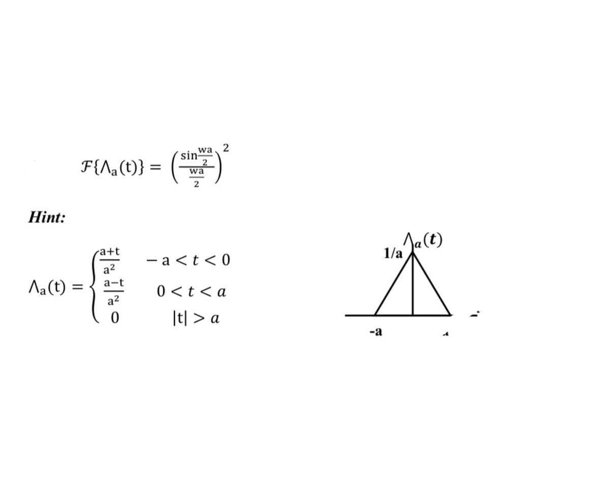 Hint:
F{\a(t)} =
(
sin-
wa 2
wa
2
2
Aa(t) =
=
a+t
a²
a-t
a²
- a<t<0
0<t<a
|t|> a
1/a
-a
Aa(t)