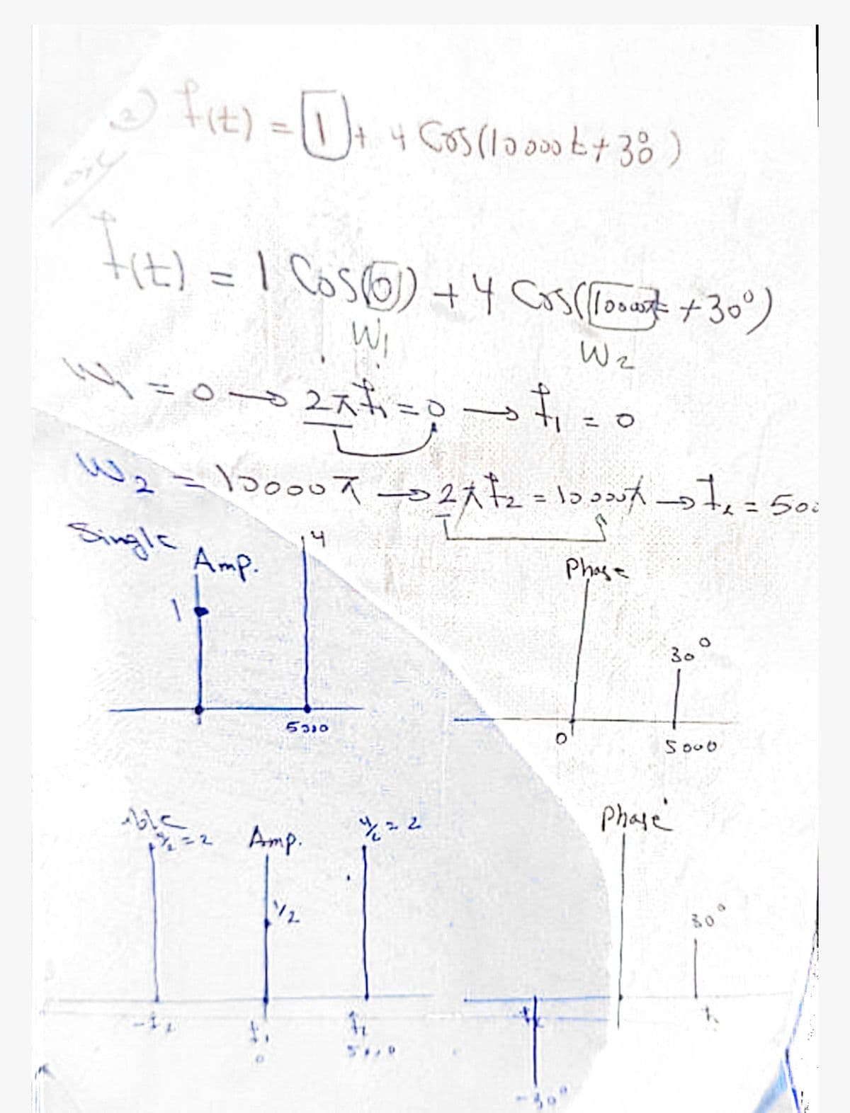 Fit) = 1 + 4 Cos(10000++38)
F(t) = 1 Cos()) + 4 Cos (1 +30°)
fit)
W2
Wi
2x = 0
Wz
=100007-02x+2=10000/-07₂ = 500
Single Amp.
1
4
Phas
30
5310
√ble
12=2 Amp.
½ 22
Phase
5000