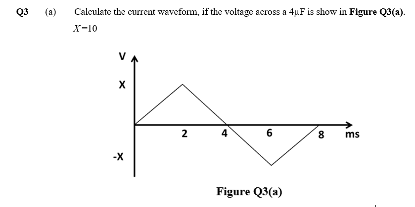 Q3
(a)
Calculate the current waveform, if the voltage across a 4µF is show in Figure Q3(a).
X=10
V A
2
4
6
8
ms
-X
Figure Q3(a)
