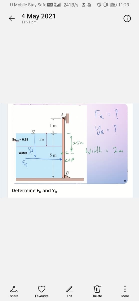 U Mobile Stay Safe VoLTE ll 241B/s X a
OD 79|11:23
4 May 2021
11:21 pm
Fe=?
1 m
Ya = ?
%3D
Sgoll = 0.93
1 m
2.5m
Water JR
Willh
- 2m
5 m
cop
В
Determine FR and YR
Share
Favourite
Edit
Delete
More
...
