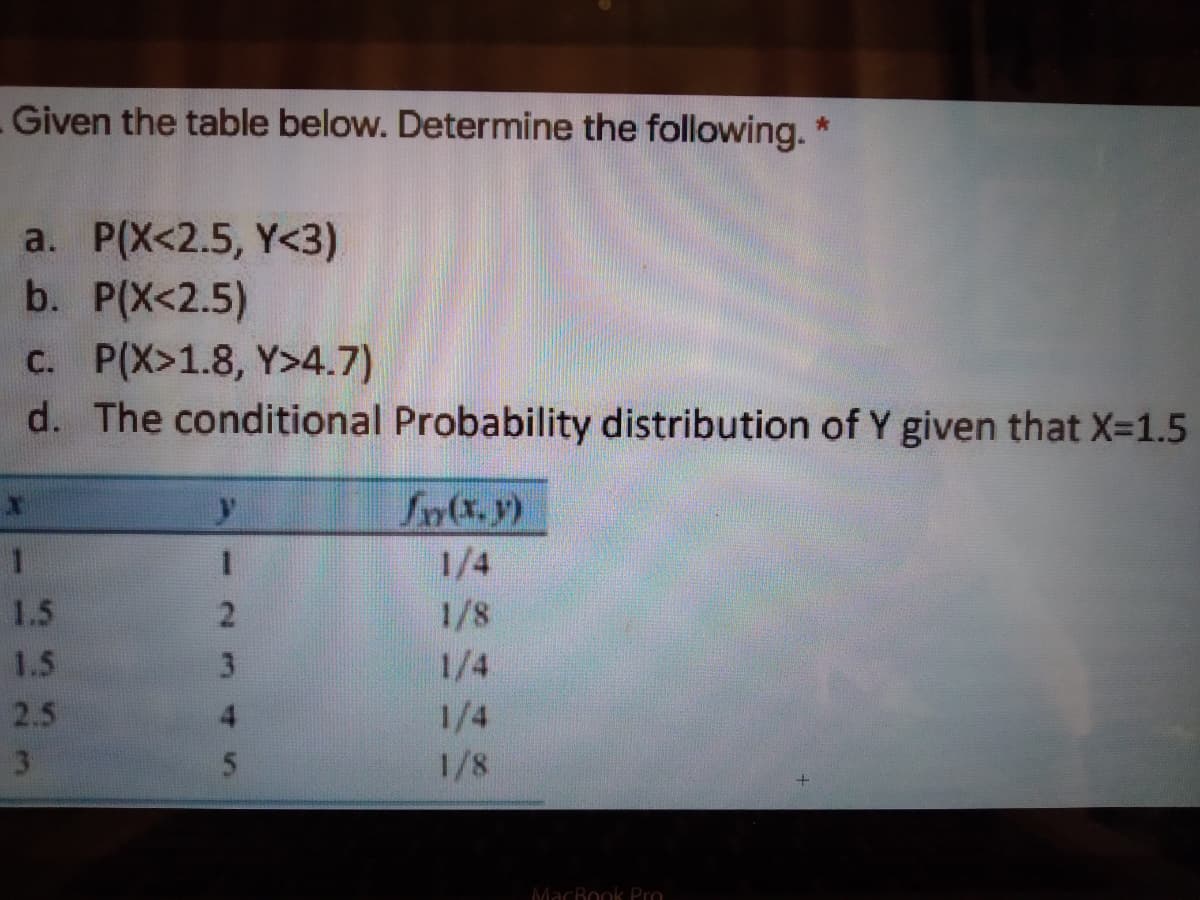 Given the table below. Determine the following.
a. P(X<2.5, Y<3)
b. P(X<2.5)
c. P(X>1.8, Y>4.7)
d. The conditional Probability distribution of Y given that X-1.5
1/4
1.5
2.
1/8
1.5
3
1/4
2.5
4.
1/4
1/8
MacBook Pro
