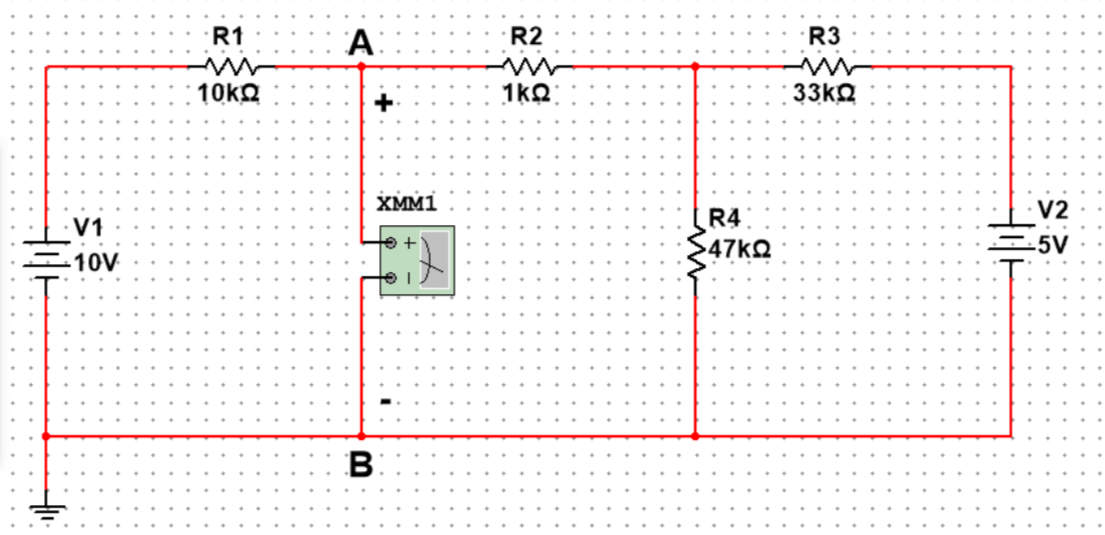 R1
A
R2
R3
10kO
1kQ
33kQ
+
XMM1
V2
V1
R4
-5V
10V
В
