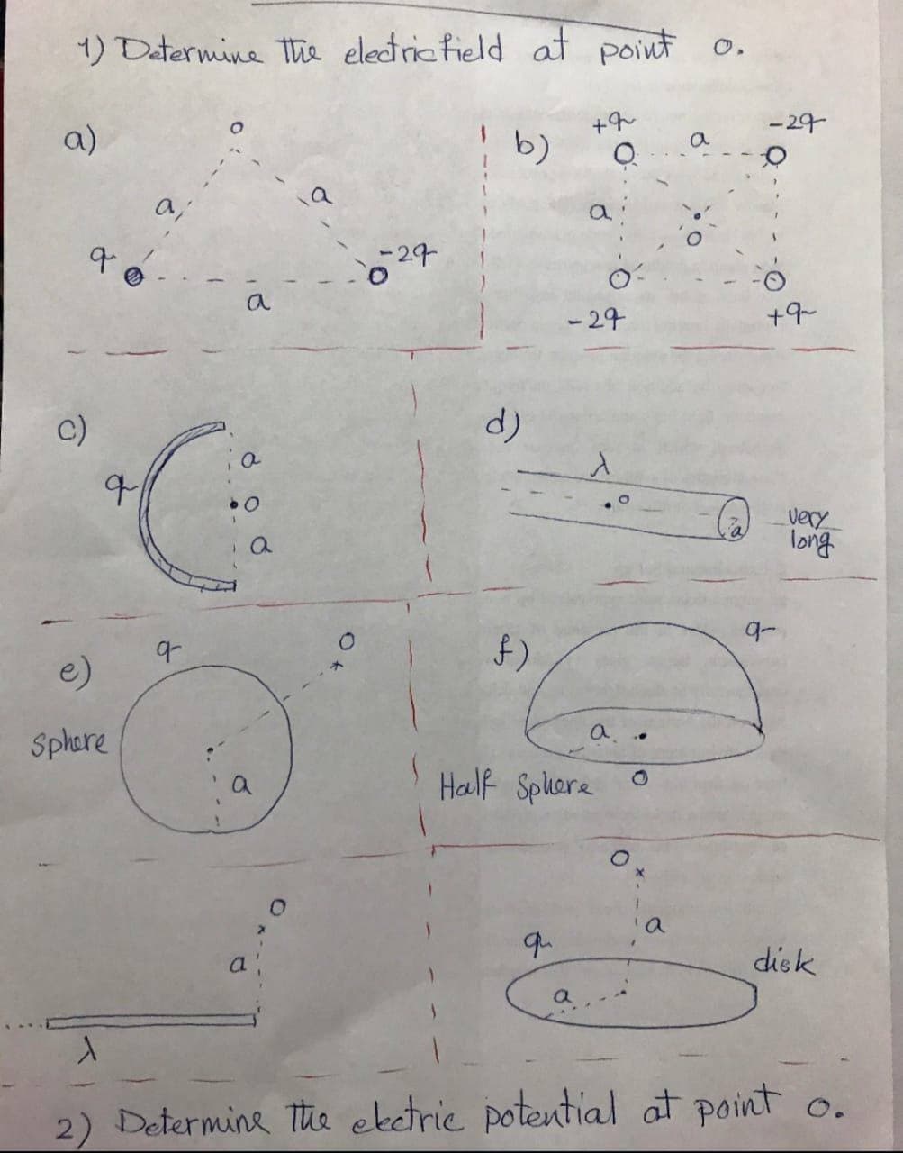 1) Datermine The electrictield at point o.
a)
- 24
b)
a,
-24
a
- 29
+9
c)
very
long
e)
Splere
Half Splare
qu
a
disk
2) Determine Tie ekctrie potential at point o.
