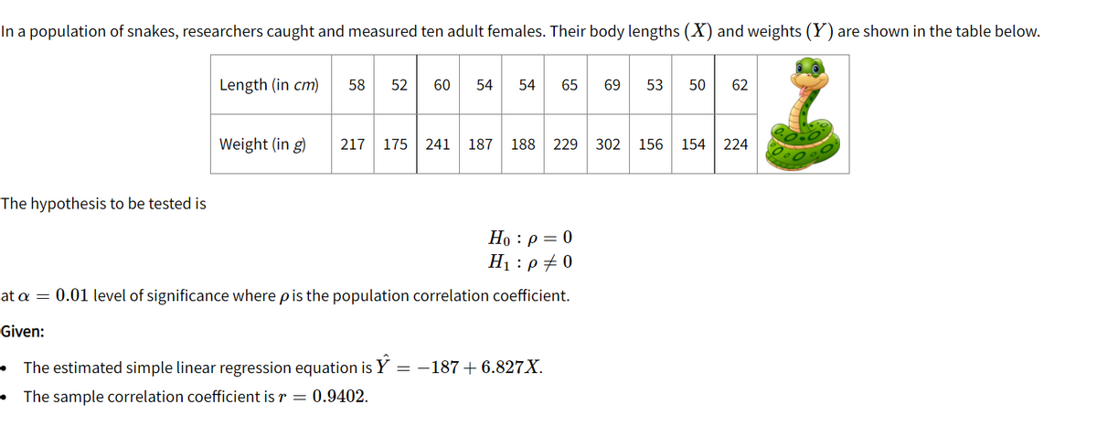 In a population of snakes, researchers caught and measured ten adult females. Their body lengths (X) and weights (Y) are shown in the table below.
Length (in cm)
58
52
60
54
54
65
69
53
50
62
Weight (in g)
217
175
241
187
188
229
302
156
154
224
The hypothesis to be tested is
Но : р — 0
H1 :p + 0
at a = 0.01 level of significance where pis the population correlation coefficient.
Given:
The estimated simple linear regression equation is Y = –187+ 6.827X.
The sample correlation coefficient is r =
0.9402.
