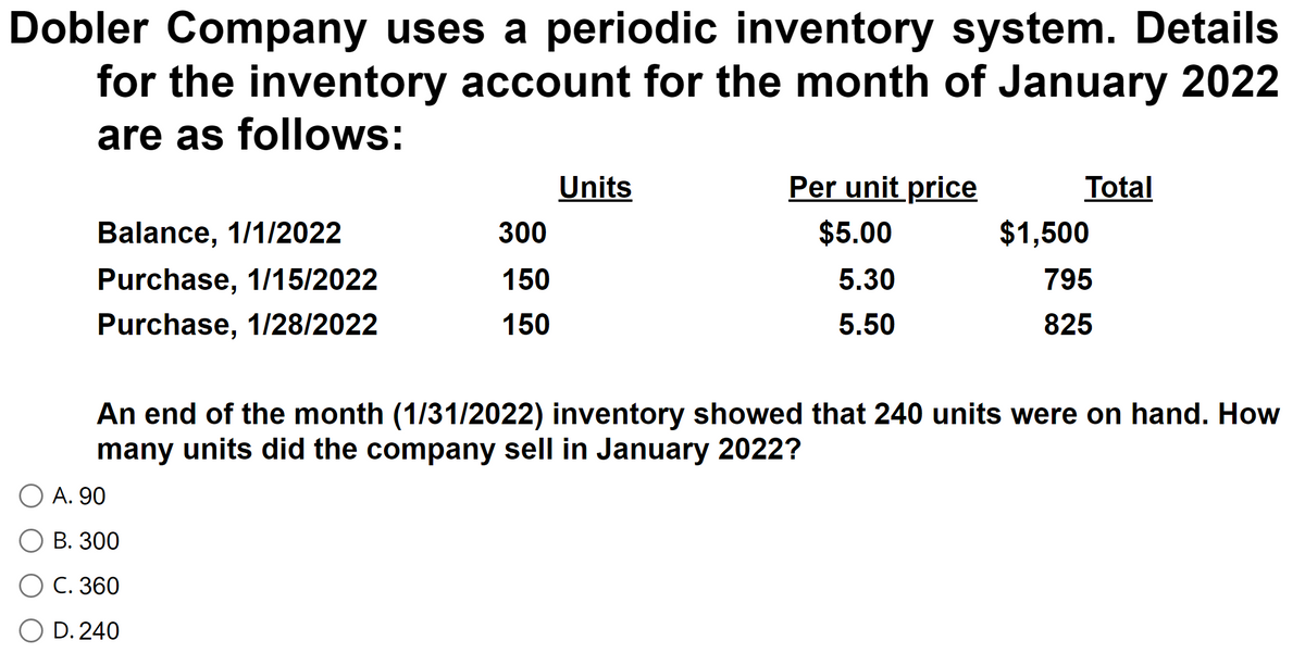 Dobler Company uses a periodic inventory system. Details
for the inventory account for the month of January 2022
are as follows:
Units
Per unit price
Total
Balance, 1/1/2022
300
$5.00
$1,500
Purchase, 1/15/2022
150
5.30
795
6.
Purchase, 1/28/2022
150
5.50
825
An end of the month (1/31/2022) inventory showed that 240 units were on hand. How
many units did the company sell in January 2022?
A. 90
В. 300
C. 360
D. 240
