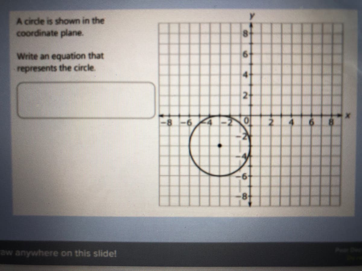 A cirde is shown in the
coordinate plane
Write an equation that
r adau
|-8 -6
Per
aw anywhere on this slidet
4]
