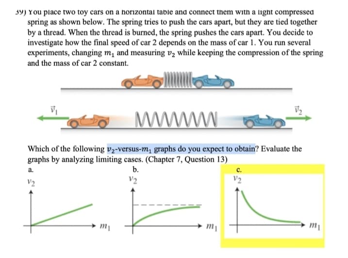 39) You place two toy cars on a horizontal table and connect them with a light compressed
spring as shown below. The spring tries to push the cars apart, but they are tied together
by a thread. When the thread is burned, the spring pushes the cars apart. You decide to
investigate how the final speed of car 2 depends on the mass of car 1. You run several
experiments, changing m1 and measuring v2 while keeping the compression of the spring
and the mass of car 2 constant.
MWWW.
Which of the following v2-versus-m, graphs do you expect to obtain? Evaluate the
graphs by analyzing limiting cases. (Chapter 7, Question 13)
a.
b.
c.
V2
V2
V2
