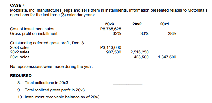 CASE 4
Motorista, Inc. manufactures jeeps and sells them in installments. Information presented relates to Motorista's
operations for the last three (3) calendar years:
20x3
20x2
20x1
Cost of installment sales
P8,765,625
32%
Gross profit on installment
30%
28%
Outstanding deferred gross profit, Dec. 31
20x3 sales
20x2 sales
P3,113,000
907,500
2,516,250
423,500
20x1 sales
1,347,500
No repossessions were made during the year.
REQUIRED:
8. Total collections in 20x3
9. Total realized gross profit in 20x3
10. Installment receivable balance as of 20x3
