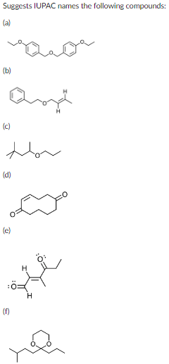 Suggests IUPAC names the following compounds:
(a)
(b)
C
Ho
(d)
Lyo
(e)
que
(f)
H